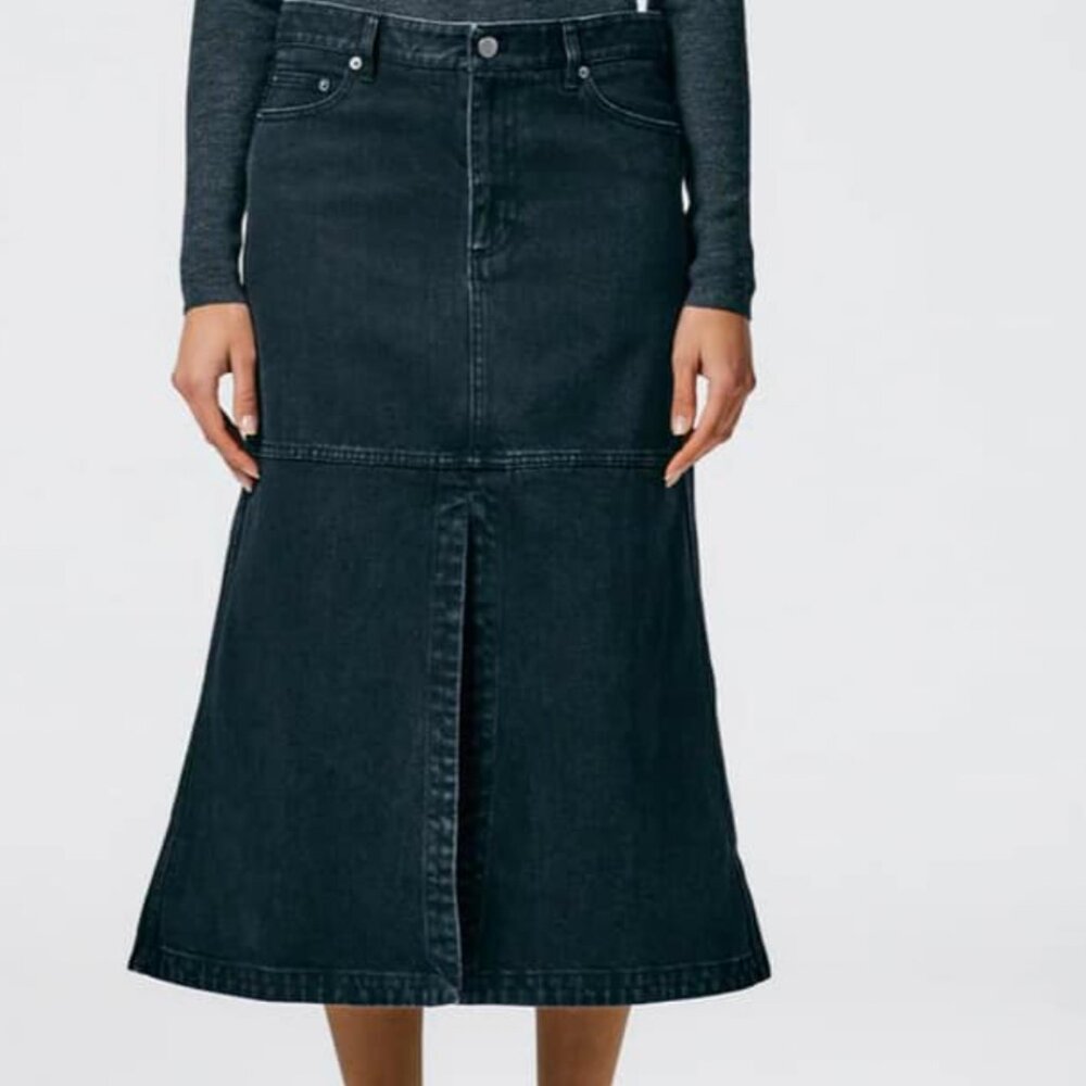 Tibi denim midi skirt with front slit, A-line, black, size 28, $125.